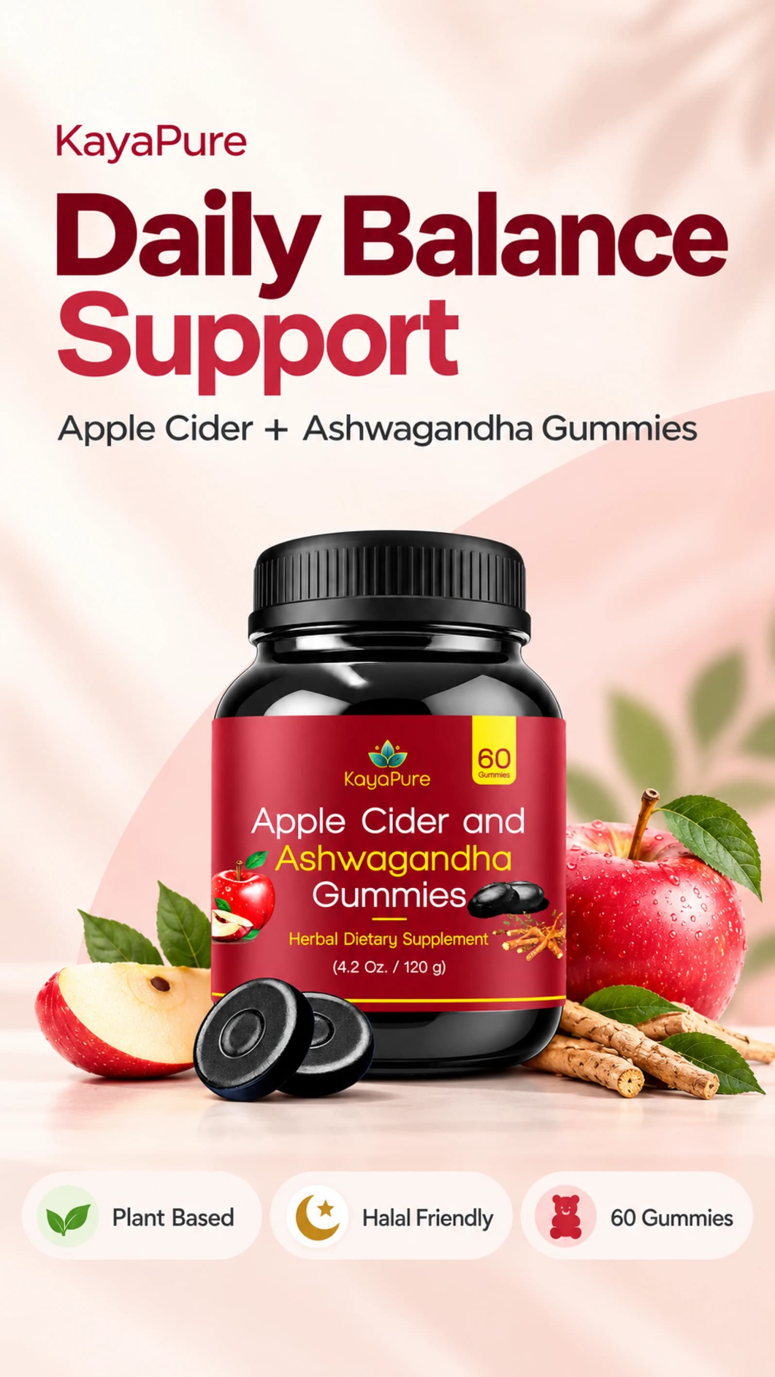 Kaya Pure Apple Cider & Ashwagandha Gummies — Daily Balance Support.
