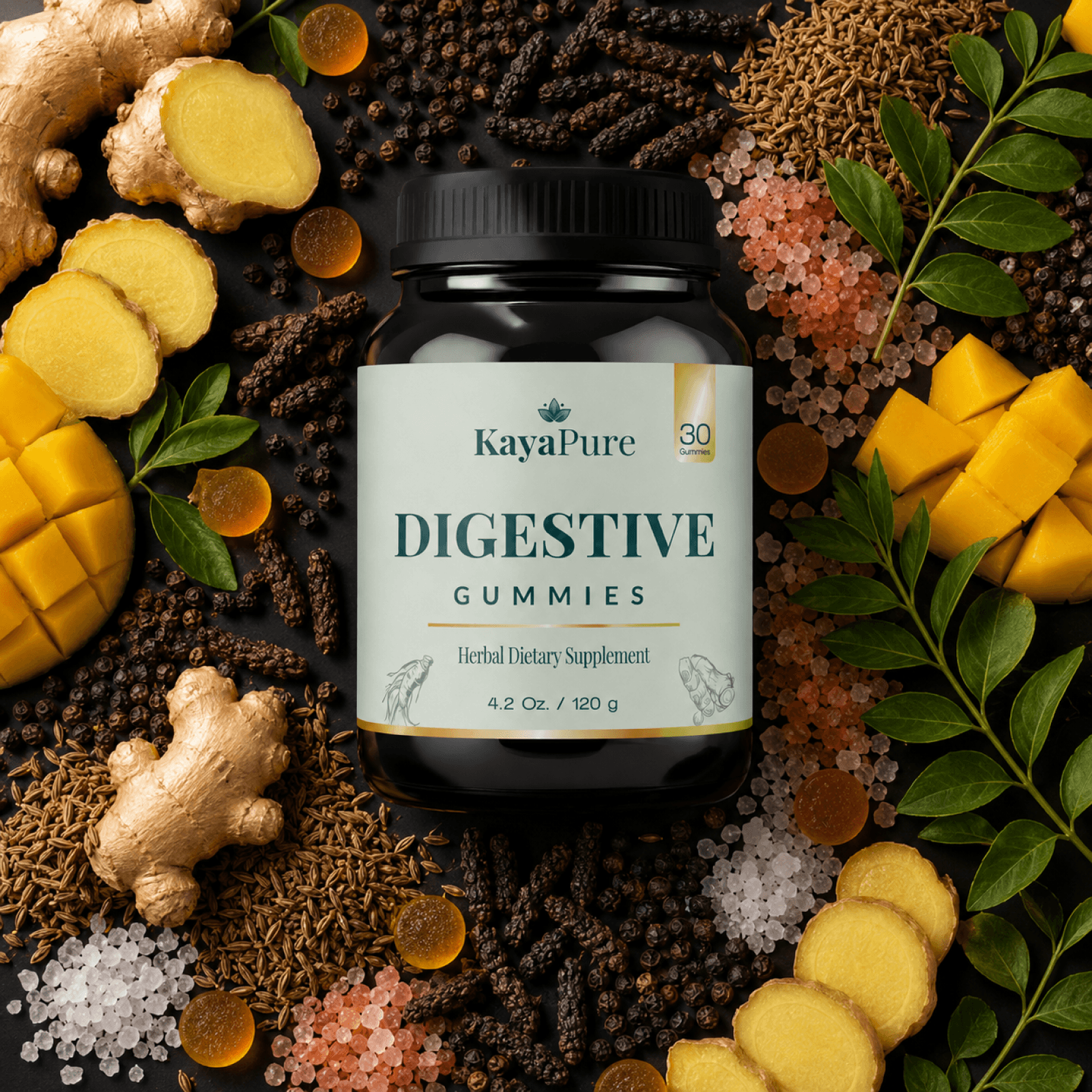 Kaya Pure Digestive Gummies bottle with papaya, pineapple, and botanicals